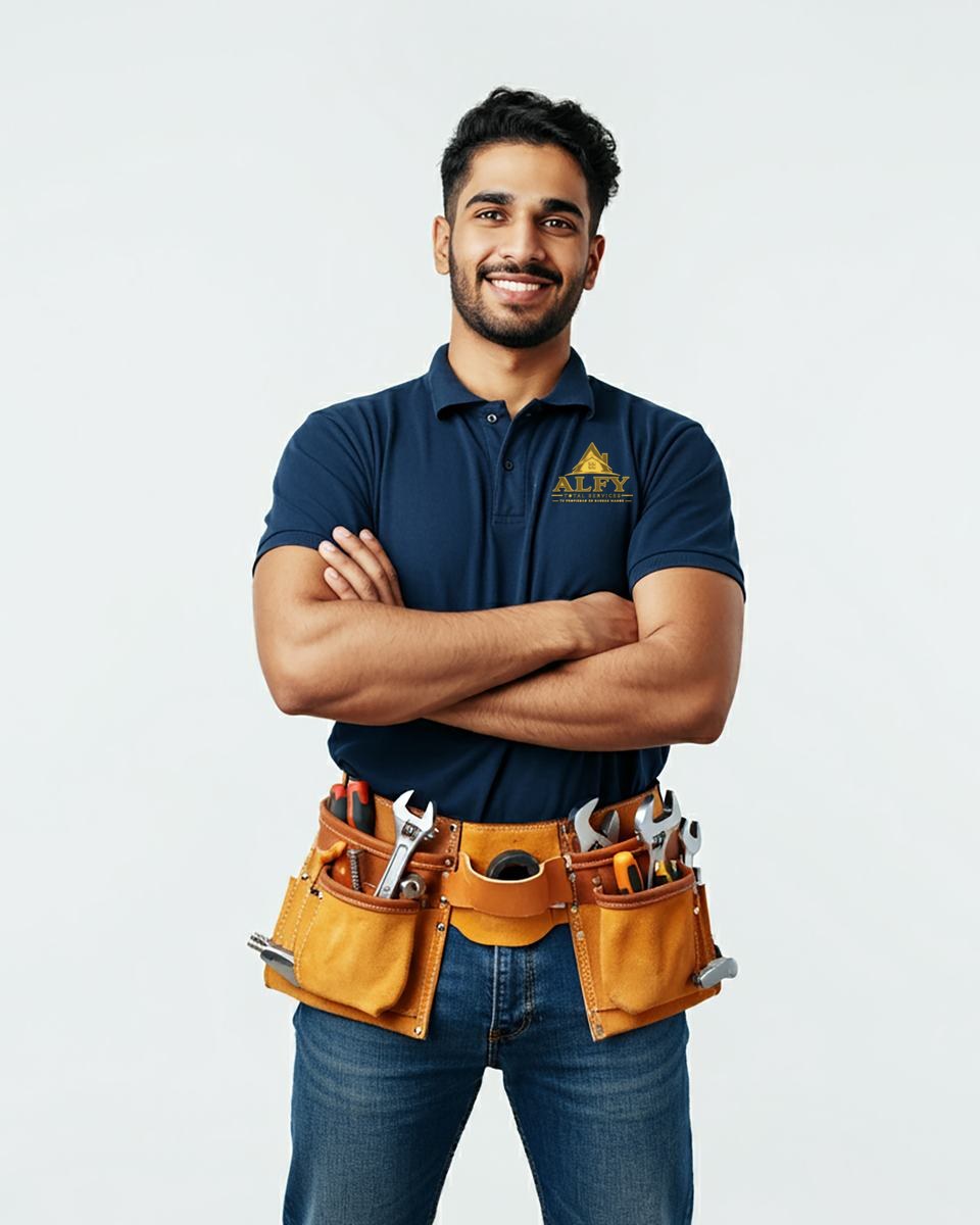 Técnico de ALFY Total Services con uniforme y cinturón de herramientas